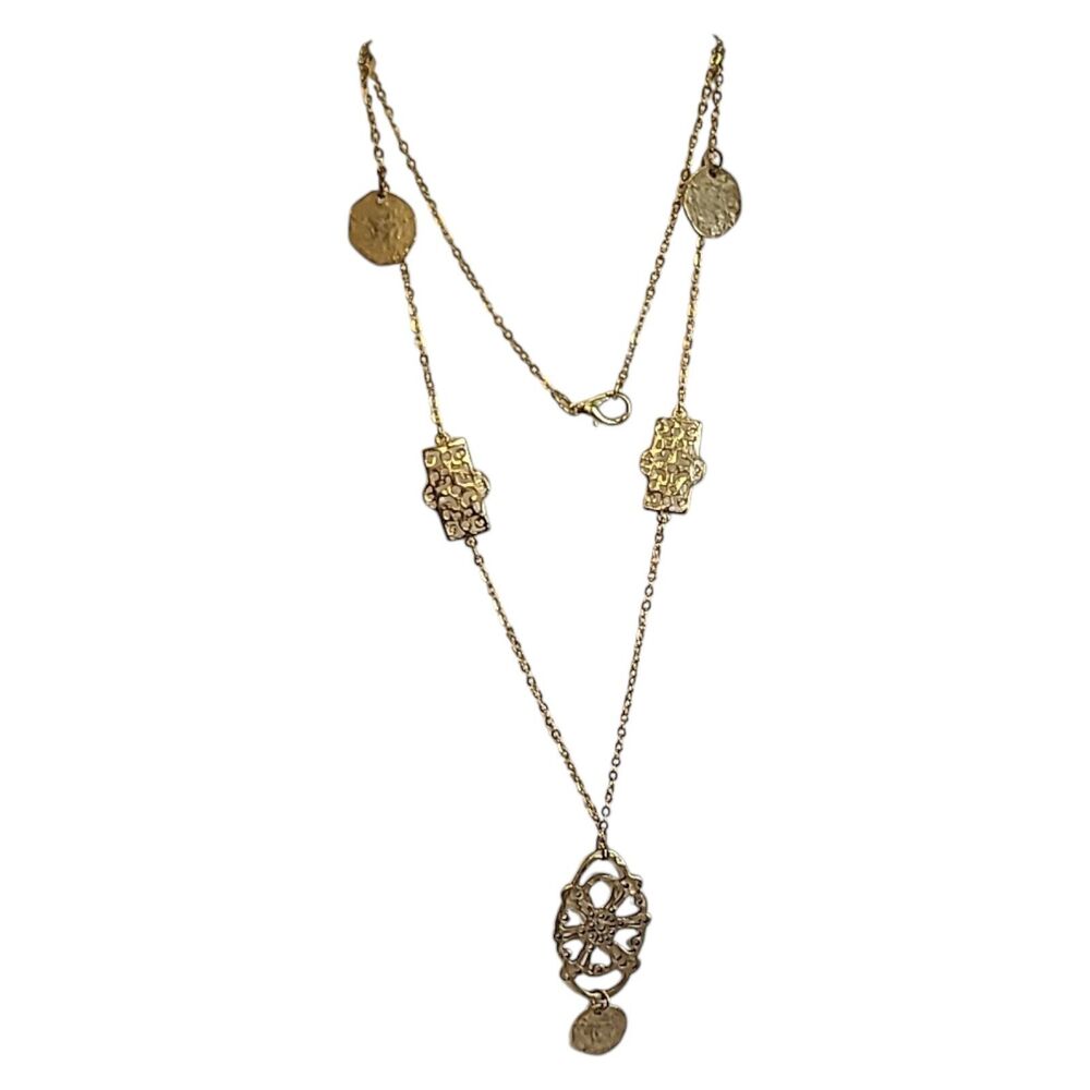 Long Matte Gold Tone Pendant Station‎ Necklace 36"